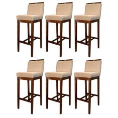 Imagem de Kit 6 Banquetas Alta Estofada com Encosto Líbia Madeira Capuccino Suede Bege CCS