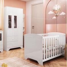 Imagem de Quarto de Bebê Guarda Roupa com Janelas Retangulo e Berço Americano 100% MDF 100% MDF Ayla Branco Brilho
