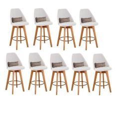 Imagem de Kit 09 Banquetas Alta Maya Giratória Com Encosto Gourmet Linho Bege e Almofada Suede Bege - Aurora Line