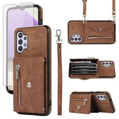 Imagem de Capa de telefone para Samsung Galaxy A32 5G 2021 6,5 polegadas capa carteira com protetor de tela de vidro temperado alça transversal cordão suporte para cartão de crédito M32 A 32 32A SM-A326U A326U