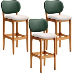 Imagem de Kit 3 Banquetas Alta Bar Cozinha Sala Jantar Betta L02 Imbuia Facto Verde Linho Cru - Lyam Decor