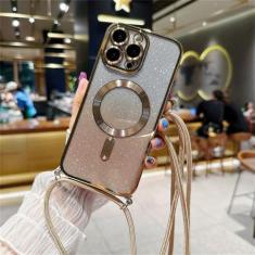 Imagem de Capa magnética com glitter gradiente de cordão crossbody para iPhone 15 14 13 12 11 Pro Max Plus chapeamento capa traseira de TPU macio, dourada, para iPhone 13Pro Max