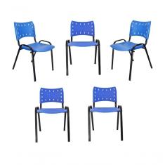 Imagem de Kit 5 Cadeiras Iso Para Escola Escritório Comércio Azul Base Preta