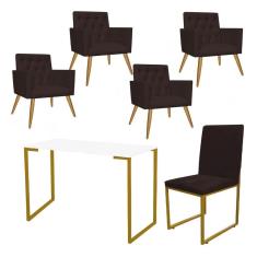 Imagem de Kit Escritório Stan 4 Poltronas Capitonê com Cadeira e Mesa Industrial Branco Dourado Suede Marrom - Ahz Móveis
