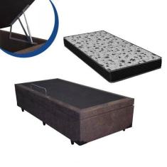 Imagem de Cama Box Baú Solteiro Colchão Espuma D33 Bordado+ Box Marrom 56X78x188