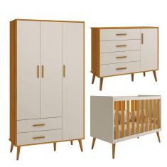 Imagem de Quarto Isis Berço Americano 2 em 1 + Comoda Sapateira + Guarda Roupa Isis Retrô 3 Portas 2 Gavetas Areia Fosco/ Savana Fosco - Reller