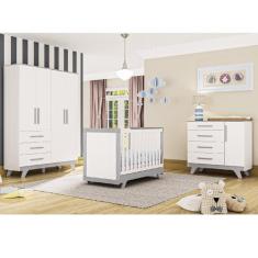 Imagem de Quarto De Bebê Completo Berço Guarda-Roupa E Cômoda Lisa Retrô Mdf Móv