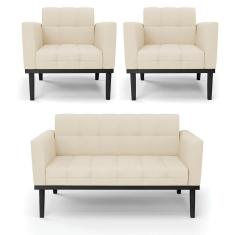 Imagem de Sofá Namoradeira E 2 Poltronas Base De Madeira Preto Elisa Linho D03 - D`rossi Cor A19 Bege