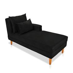 Imagem de Divã Chaise Chloe 160 cm Veludo Preto Pés Chanfrado Castanho - D'Rossi