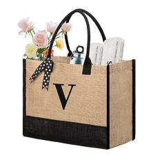 Imagem de BeeGreen Sacola de juta com inicial para mulheres, bolsa de praia com alças, presente de agradecimento para amigos, madrinha de honra, mãe, bolsa de presente com monograma personalizado para