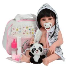 Imagem de Boneca Bebê Reborn Menina Morena Pandinha Roupão Bolsa Itens - Cegonha