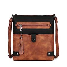 Imagem de FADEON Bolsas transversais para mulheres Bolsa transversal, bolsas de viagem de designer com vários bolsos e borla (Preto Castanho)