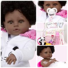 Imagem de Boneca Estilo Reborn Pretinha Roupa Panda Baby Luxo Acessórios