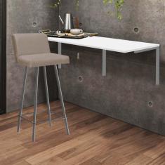Imagem de Kit Mesa Suspensa de Parede Fixa MDF Branco + 1 Banqueta Lexi Ferro Cinza Suede Bege - Ahazzo Móveis