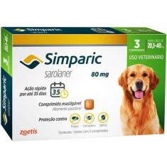 Imagem de Anti Pulgas E Anti Carrapatos SIMPARIC 80 Mg Para Cães Entre 20,1-40kg 3 Comprimidos Validade 05/21 Zoetis