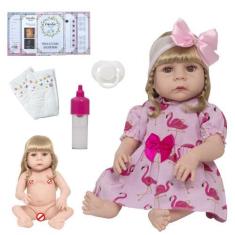 Imagem de Boneca Reborn Loira 100% Silicone Vestido Flamingo Rosa - Cegonha Rebo
