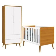Imagem de Jogo de Quarto Infantil Theo Retrô Guarda Roupa 2 Portas e Berço Branco/savana com Pés Amadeirado - Reller Móveis