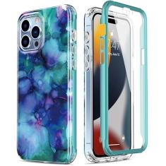 Imagem de Esdot Capa para iPhone 15 Pro Max com protetor de tela embutido, capa durável com designs modernos para mulheres meninas, capa protetora para telefone 6,7 polegadas opala mármore roxo