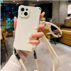Imagem de Colar crossbody cordão doce cor sólida capa de telefone macia para iPhone 15 Pro Max 14 Plus 13 12 11 alça com cabo capa à prova de choque, branca, para iPhone 13