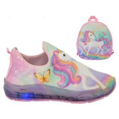 Imagem de Tênis Infantil Feminino Com Led Unicórnio Slip On Menina Novo + Mochil