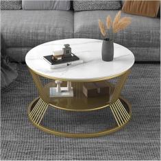 Imagem de Mesas de centro redondas para espaços pequenos, mesa de canto decorativa moderna com moldura de metal resistente, mesa de centro branca para sala de estar, sala de hóspedes, escritório, pernas