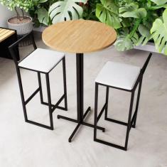 Imagem de Conjunto Mesa Alta Bar Bistrô Redonda Pinus 2 Banquetas Confort Estofa