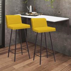 Imagem de Kit Mesa Suspensa de Parede Fixa MDF Branco + 2 Banquetas Lexi Ferro Marrom Suede Amarelo - Ahazzo Móveis