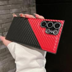 Imagem de Capa de telefone luxuosa de couro de fibra de carbono com contraste para Samsung S23 S24 Ultra S21 S22 Plus A54 A34 A14 5G capa protetora de lente de metal, preto vermelho, para Samsung S23