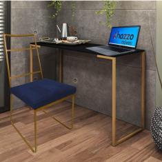 Imagem de Kit Escritório Stark Cadeira e Mesa Industrial Ferro Dourado Tampo MDF Rústico Suede Azul Marinho - Ahz Móveis