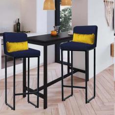 Imagem de Kit 02 Banqueta Alta com Encosto Lucca Industrial Cozinha Balcão Ferro Preto Sintético Azul Marinho e Almofada Amarelo - Ahazzo Móveis