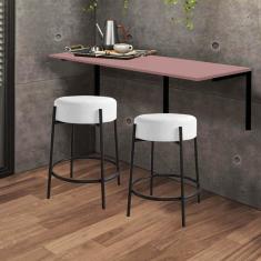Imagem de Kit Mesa Suspensa de Parede Fixa MDF Rosa + 2 Banquetas Sintra Ferro Preto Sintético Branco - Ahazzo Móveis