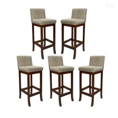 Imagem de Kit 5 Banquetas Média para Balcão de Cozinha Tóquio Madeira Maciça Matelassê Suede Bege CCS