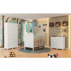 Imagem de Quarto de Bebê Completo com Guarda Roupa 3 Portas Cômoda e Berço Mini Cama 100% MDF Ciranda Móveis Peroba Branco Brilho