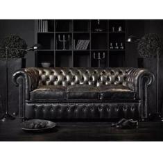Imagem de Sofá Chesterfield De Couro 3 Lugares Preto - Tapeçaria Real