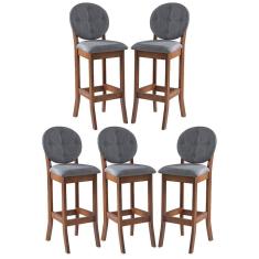 Imagem de Kit 5 Banquetas Alta Estofada com Encosto Florence 113 x 36 Cm Madeira Maciça Linho Cinza L55