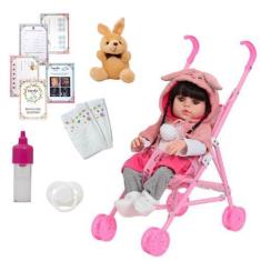Imagem de Boneca Reborn Morena Enxoval Coelhinha + Carrinho Infantil - Cegonha R