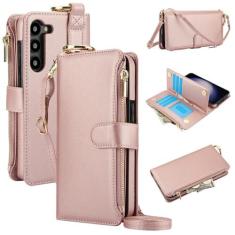 Imagem de Capa carteira para Samsung Galaxy A14 4G/5G, [bloqueio RFID] [bolso com zíper] [porta-cartão] capa protetora flip de couro PU com corda transversal/pulso/anel capa de telefone masculina e feminina