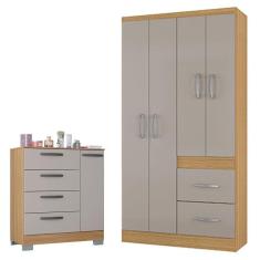 Imagem de Cômoda 868 4 Gavetas e 1 Porta com Guarda Roupa Solteiro Milão 4 Portas Damasco Off White - Poquema
