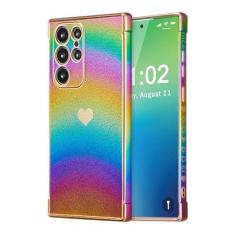 Imagem de ZTOFERA Capa para Samsung Galaxy S22 Ultra de 6,8 polegadas, linda capa colorida com borda de revestimento iridescente com padrão de corações de amor, proteção de lente de câmera à prova de choque