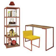 Imagem de Kit Escritório Ravi 1 Cadeira Suede Amarelo com 1 Mesa e 1 Livreiro Ferro Bronze MDF Caramelo - Ahazzo Móveis