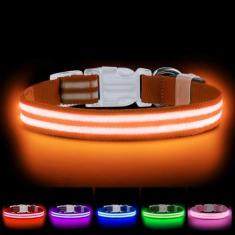 Imagem de Coleira de LED para cães, recarregável por USB, coleiras ajustáveis e brilhantes, coleira macia confortável para cães pequenos, médios e grandes, coleiras brilhantes para caminhadas noturnas - laranja