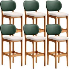 Imagem de Kit 6 Banquetas Alta Bar Cozinha Sala Jantar Betta L02 Imbuia Facto Verde Linho Cru - Lyam Decor