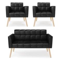 Imagem de Kit 1 Sofá Namoradeira E 2 Poltronas Elisa Corano Pés Palito Natural - D`rossi Cor Preto