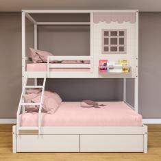 Imagem de Beliche Casinha Reta Casal/ Solteiro Com 02 Gavetas Madeira Maciça Branco/ Rosa Housin