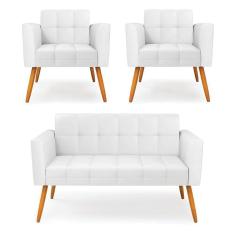 Imagem de Kit 1 Sofá Namoradeira E 2 Poltronas Elisa Corino Branco Pés Palito Castanho - D`rossi