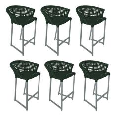 Imagem de Kit 6 Banquetas Reis Em Corda Náutica E Base Em Alumínio Cinza Para área Gourmet Verde Musgo Verde