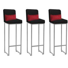 Imagem de Kit 03 Banqueta Alta com Encosto Lucca Industrial Cozinha Balcão Ferro Cinza Suede Preto e Almofada Vermelho - Ahazzo Móveis