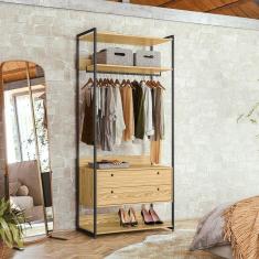 Imagem de Guarda-Roupa Closet Industrial Olivar com Cabideiro 2 Gavetas 89cm - Pinus