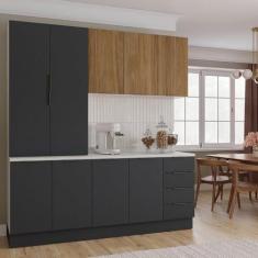 Imagem de Cozinha Modulada 4 Peças com Tampo com Rodapé 2 Aéreos e 2 Balcões Ipanema CabeCasa MadeiraMadeira Grafite Trama/Acácia