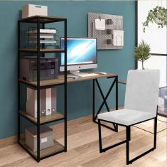 Imagem de Kit Escritório Mesa Max BeX 5 Prateleiras e Cadeira Stan Preto Tampo Freijó Sintético Branco - Ahz Móveis